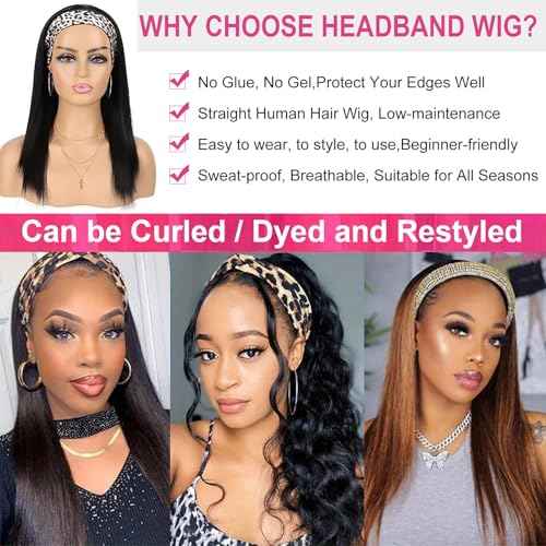 Headband Wig Human Hair 28 Inch Straight Headband Wigs for Black Women Machine Made Human Hair Wigs Glueless None Lace Front Wig Brazilian Virgin Human Hair 150% Density Natural Black Color