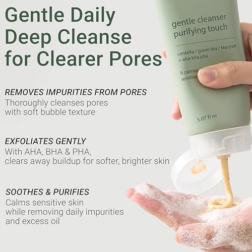Gentle Cleanser Purifying Touch ? Centella, Tea Tree & Green Tea | AHA BHA PHA Exfoliating Face Wash for Sensitive, Acne-Prone Skin | Calming, Pore Purifying Korean Cleansing Foam, 5.07 fl oz