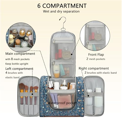 Hanging Toiletry Bag for Women, Travel Makeup with Metal Swivel Hook, Organizer for Full Sized Cosmetics and Toiletries,Water-Resistant Nylon,Paisley Floral