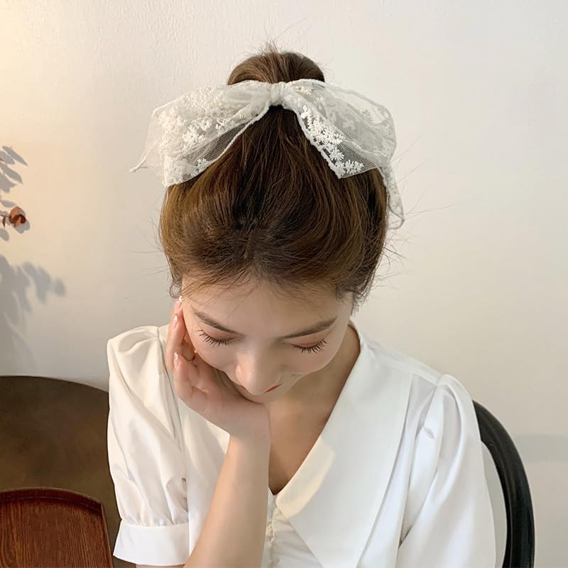 Bow Hair Clips White Lace Hair Bows for Women Girls Bowknot Hair Clip Hair Bow Barrettes Hairclips for Women Styling Large Hair Bow Clips Lace Hair Accessories for Brides Bow Knot Decor Hair Clip