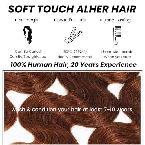 ALHER 33 Reddish Brown 3 Bundles with 2x6 Lace Closure Body Wave, 12A 100% Unprocessed Brazilian Virgin Remy Human Hair, Copper Brown Wavy Bundles with 2x6 Long Deep Part Lace Closure 12 14 16+12 Inch