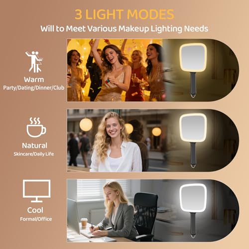 Rechargeable Lighted Hand Mirror with 30X Magnifying, 3 Color LED