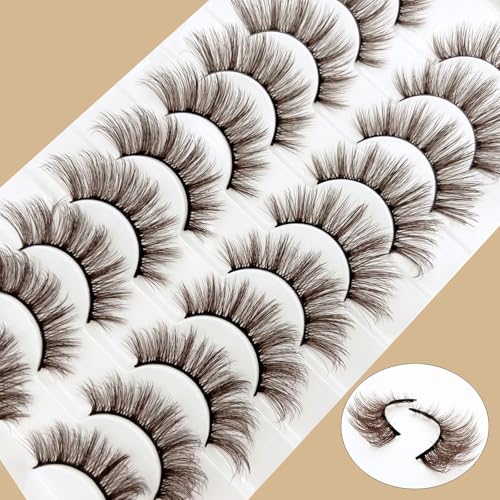 Brown Eyelashes Natural Look Dark Brown False Lashes Wispy Faux Mink Lashes Fluffy Fake Lashes 3D Strip Evelashes Pack 10 Pairs(MQ607)