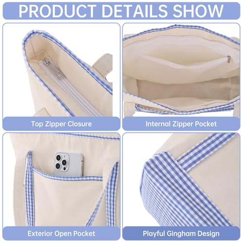 Canvas Gingham Tote Bag with Zipper & Pockets
