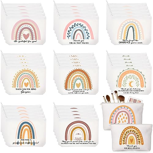Sieral 50 Pcs Rainbow Canvas Makeup Bags Bulk Inspirational Quotes Cosmetic Bags Makeup Pouch with Zipper for Women Appreciation Thank You Gifts for Mother Day Teacher Employee Coworker