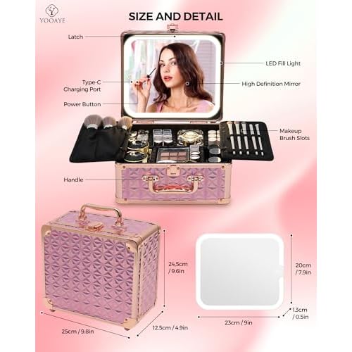 Makeup Box with Detachable Lighted Mirror?Travel Train Case, Cosmetic Storage Organizer & Makeup Suitcase with Adjustable Dividers & Magnetic LED Mirror (Pink)