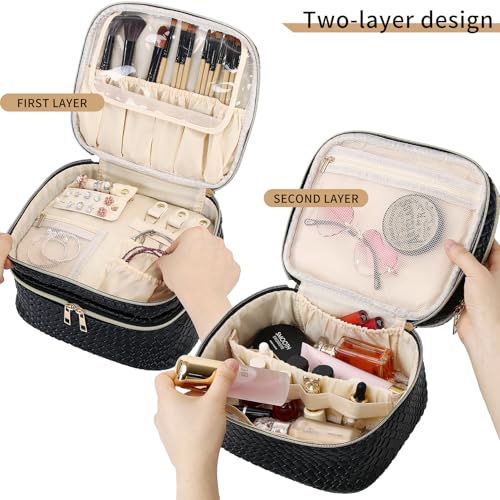 Pinkmik Travel Makeup Bag for Women Double Layer Cosmetic Bag with Jewelry Organizer Large Waterproof Toiletry Bag for Traveling Portable Makeup Storage Box (A/Black)
