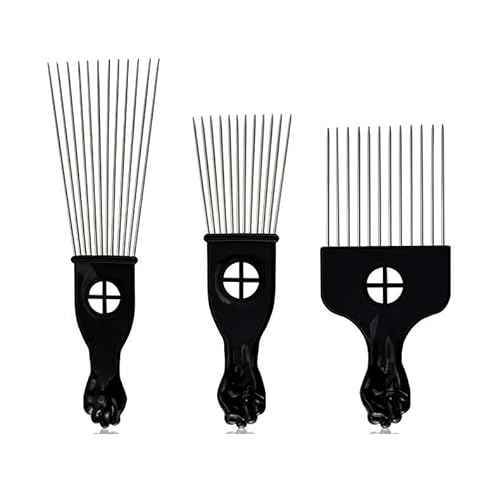Black Metal Afro Pick Combs for Curly Hair - Detangle & Style Comb for Women and Men, Durable Plastic & Metal, Fist Design for Hair Styling, Perfect for Wigs (3 Pack Hair Comb, Count, 3)