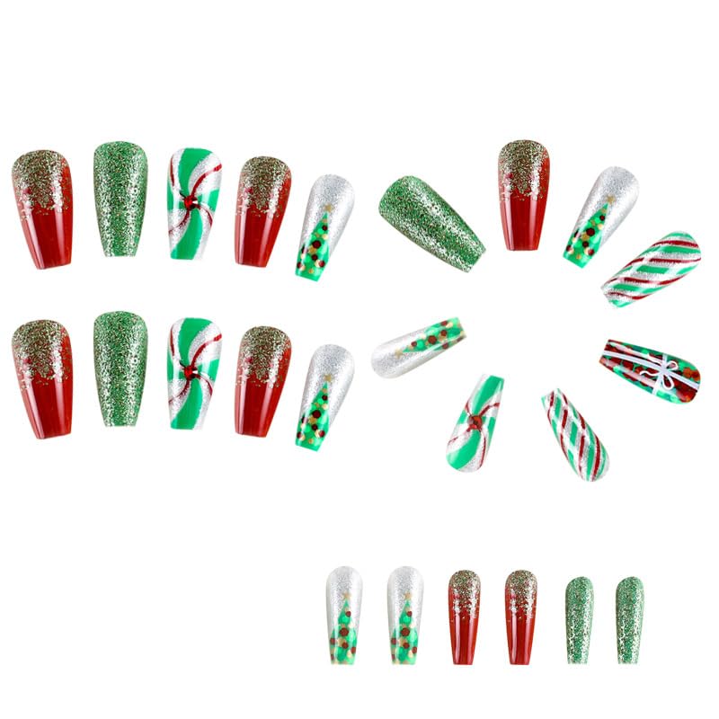 Christmas Press on Nails Medium Length Square Christmas Fake Nails Xmas Green Red Sliver False Nails Glitter Gift Christmas Tree Design Acrylic Full Cover Glue on Nails for Women Girls 24Pcs