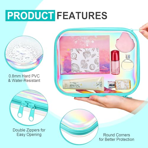 Sanwuta 6 Pcs Clear Hard Zipper Case Plastic Zipper Pouches Transparent Makeup Bag Pencil Case Pouches Toiletry Diaper Bag for Travel Toy Storage Organizer Bins(Holographic,9.84 x 7.87 x 2 Inch)