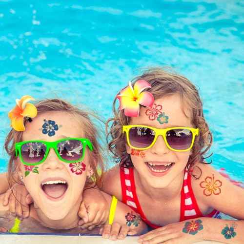 Glitter Hibiscus Temporary Tattoos for Aloha Party Decoration - 74 Individually Sheets Glitter Hawaii Flower Tattoos for Kids Women Hawaiian Party Favors