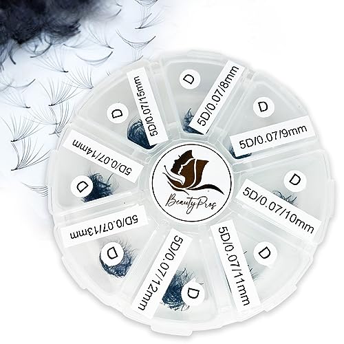 BeautyPros 5D Premade Volume Lash Extension Kit- 5D Mixed Tray 1000 Premade Fans Eyelash Extensions - Promade Lash Fans Pointed Handmade Premade - Loose Fans Thin Base (5D D-Curl 9-16mm)