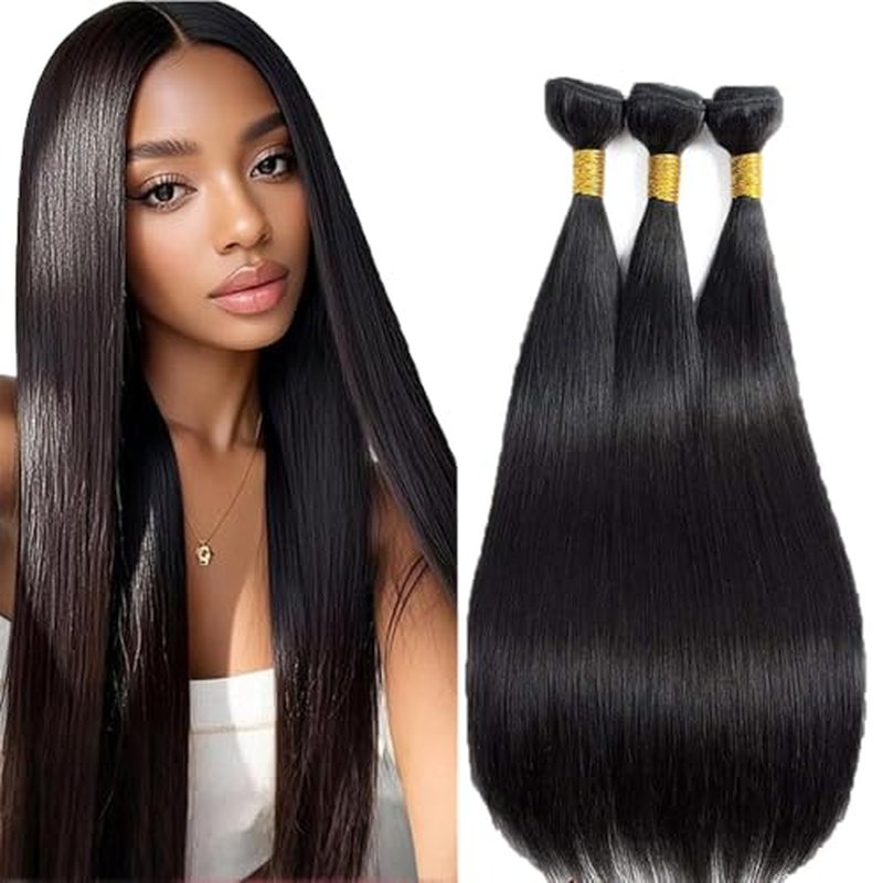 DiexrLamx Natural Black Straight Human Hair Bundles - 3 Pack