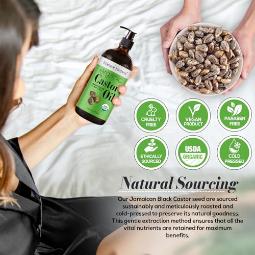 Organic Castor Oil - 100% Pure Cold Pressed in Glass Bottle, 16 oz