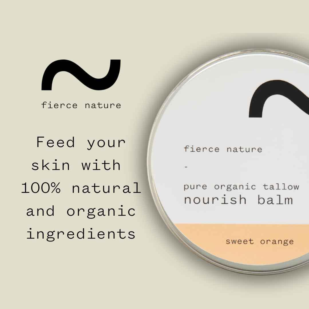 fierce nature Pure Nourish Tallow Balm | Organic, Vitamin-Rich Nourishing Body & Face Moisturizer | Natural, Essential Oil Free Skincare | (100g, Sweet Orange)