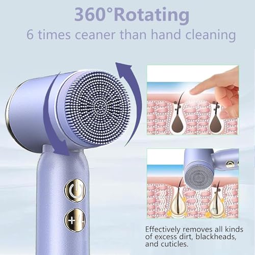 6-in-1 Facial Cleansing Brush Electric Face Scrubber ? 3-Speed Waterproof Spin Brush with 6 Replacement Heads, Rechargeable Deep Pore Cleanser for Dry, Oily & Sensitive Skin (Purple)