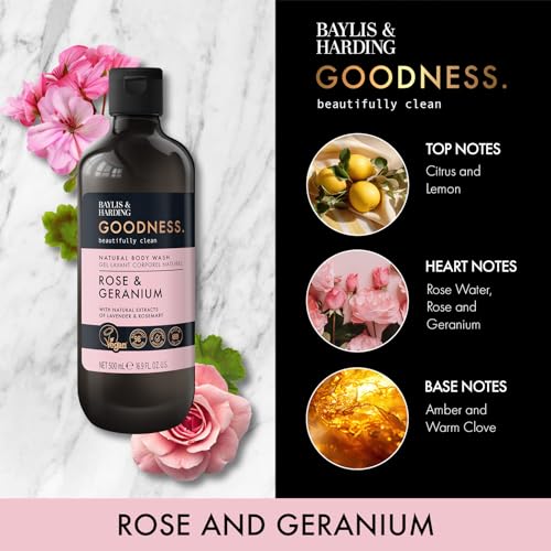Baylis & Harding Goodness Rose & Geranium Natural Body Wash 16.9 fl. oz (Pack of 3) - Biodegradable Formula - Vegan Friendly