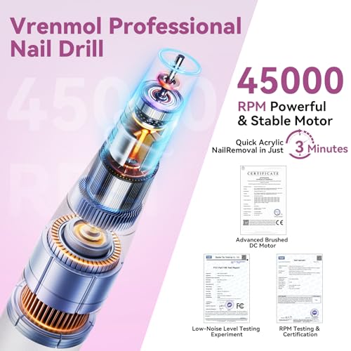 Vrenmol Professional Electric Nail Drill - 45000 RPM, 8-Hour Battery Life