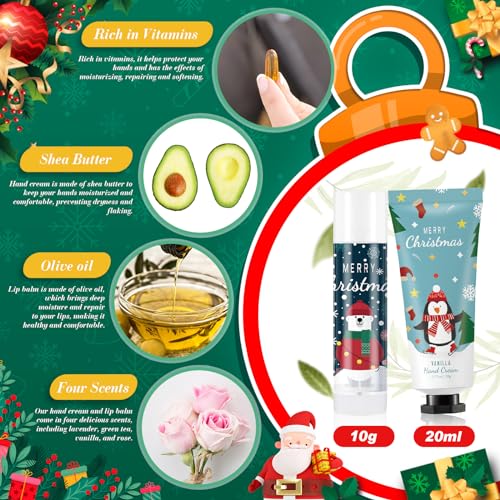 24 Set Christmas Hand Cream Gift Set, Including Moisturizing Hand Lotion, Xmas Lip Balm, Gauze Bags, Thank You Cards Natural Fragrant Bulk Christmas Gifts for Coworkers Employees Stuffers