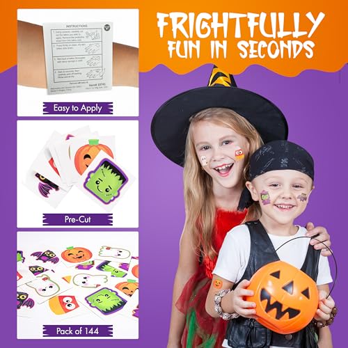 144 Halloween Temporary Tattoos for Kids, 6 Designs