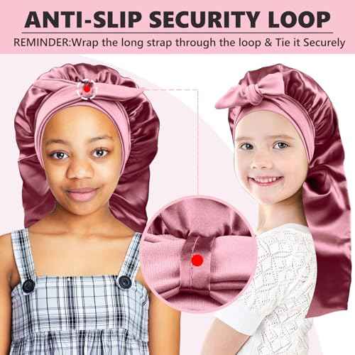 Long Kids Bonnets for Girls,Double Layer Satin Bonnet for Sleeping Kid,Bonnet for Girl Braids Long Hair Rose Gold
