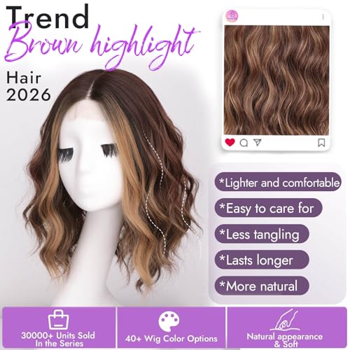 Brown Highlight Wavy Bob Wig 14" - Glueless Synthetic Lace
