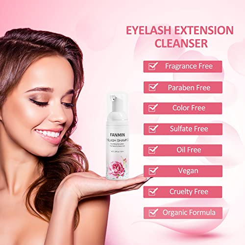 FANMIN 2 Fl Oz (60ml) Eyelash Extension Cleanser with Mascara & Brush Set, Paraben & Sulfate Free Eyelash Wash for Salon & Home Use