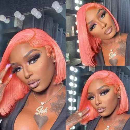 PANDA ANGEL 13x4 Pink Bob Wig Human Hair Pink Straight Bob Wigs Human Hair Wear and Go Glueless Wig Human Hair Bob Lace Front Wigs Pre Plucked With Natural Hairline Short Lace Frontal Wigs for Women