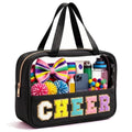 KRYZMET Cheer Makeup Bag Black with Chenille Letter Patch Waterproof Nylon, Travel Organizer for Girls & Women