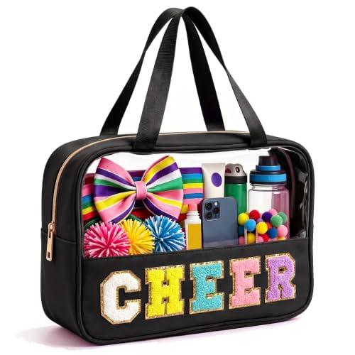 KRYZMET Cheer Makeup Bag Black with Chenille Letter Patch Waterproof Nylon, Travel Organizer for Girls & Women