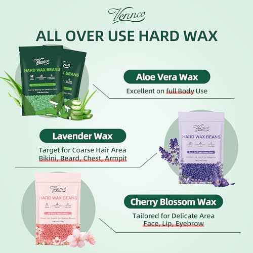 Hard Wax Beads Kit for Hair Removal, 36 Pieces Wax Beads for Full Body, Face, and Brazilian Bikini, Aloe, Lavender, Cherry Blossom - Includes Pre and Post Wax Oils