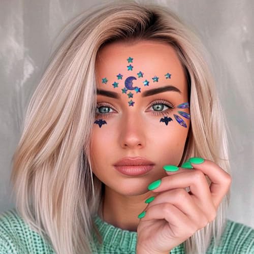 Face Gems Jewels Rhinestones for Women Makeup Festival, Self Adhesive Body Eye Rhinestones, Halloween Witch Costume Rave Party Temporary Tattoo Stickers (Purple)