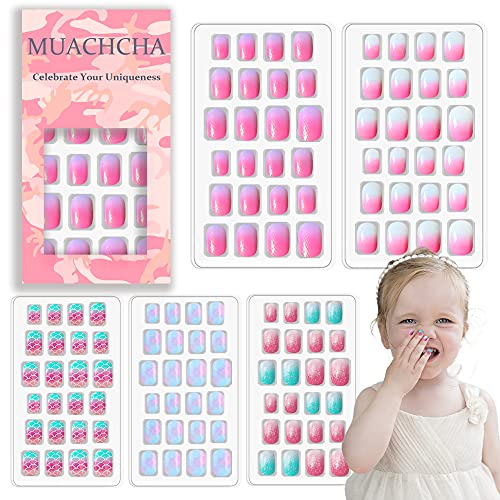 MUACHCHA 120 Pcs 5 Pack Children Acrylic Glitter False Nails Press on Nails Pre-glue Full Cover Fake Nail Tips Stick Cute Cartoon Short Artificial Fingernails for Little Girls Kids Lovely Art