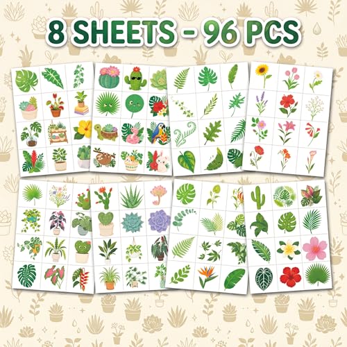 96 PCS Plant Temporary Tattoos for Kids | Waterproof Nature Party Favors