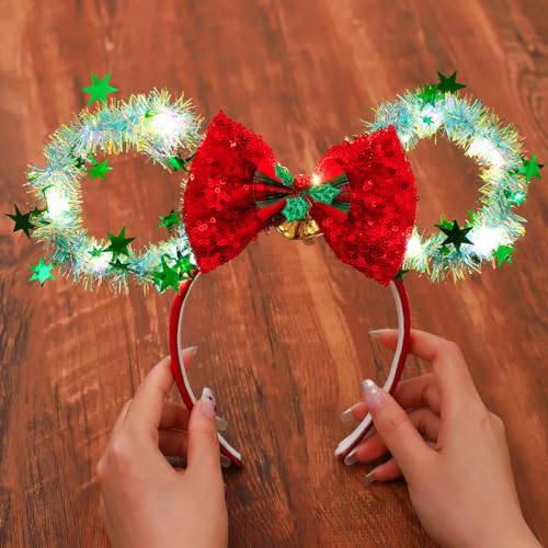 Catery Christmas Mouse Ears Headband Light up Headbands Mouse Ears Bow Hair Band Holiday Hair Accessories for Women Girls