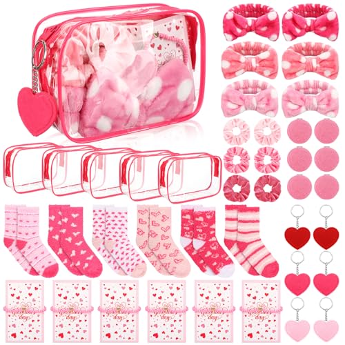 48 Pcs Galentine's Day Gifts Valentine's Pink Gift for Women Include Fluffy Socks Compact Mirrors Makeup Bags Headbands Scrunchies Greeting Cards Heart Keychains Bracelet for Party Supply