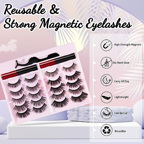 Awmyis Magnetic Eyelashes Kit with Eyeliner & Tweezers - 10 Pairs, 3D Natural Look, Reusable (Variation: 10)