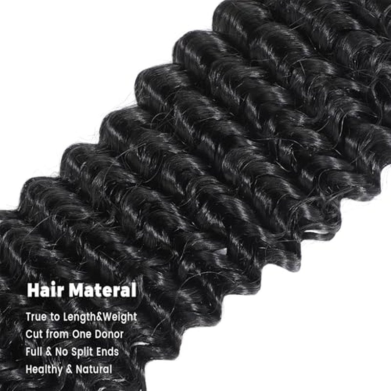 16A Deep Wave Human Hair Bundles - Brazilian Virgin Hair Extensions, Natural Black (20, 22, 24 Inch)