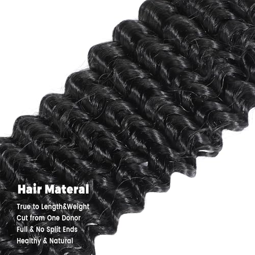 QPUCK Deep Wave Human Hair Bundles Natural Black 20/22/24 Inch - Soft & Long-lasting Virgin Brazilian Hair Extensions