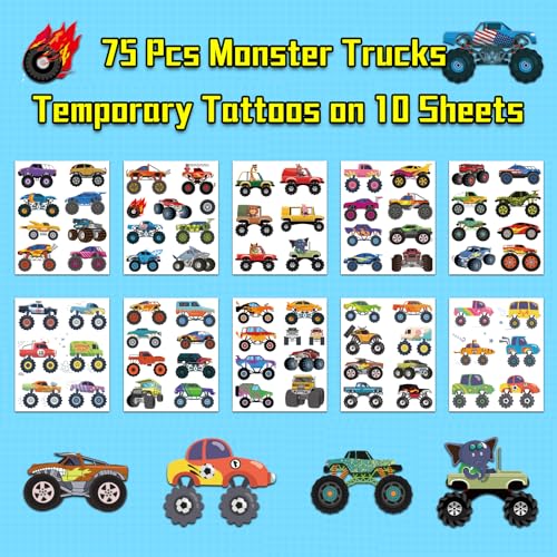 Monster Truck Temporary Tattoos for Kids, 10 Sheets