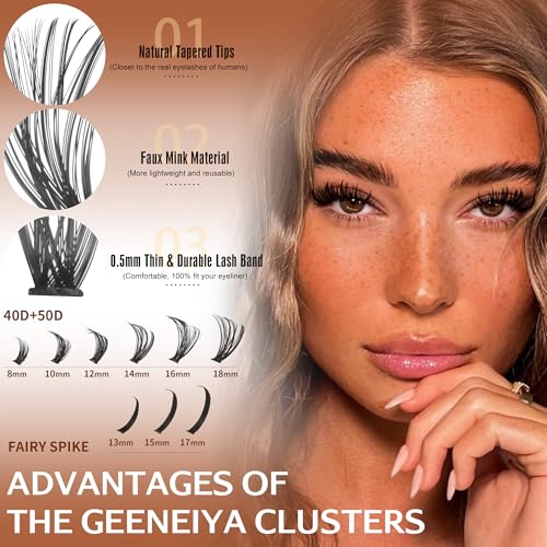 Geeneiya Lash Clusters with Spikes Fairy Cluster Eyelash Extensions Kit 40D+50D Lash Extension Kit 8-18MM Wispy D Curl Spiky Individual Lashes Kit with Lash Bond and Seal for Beginners