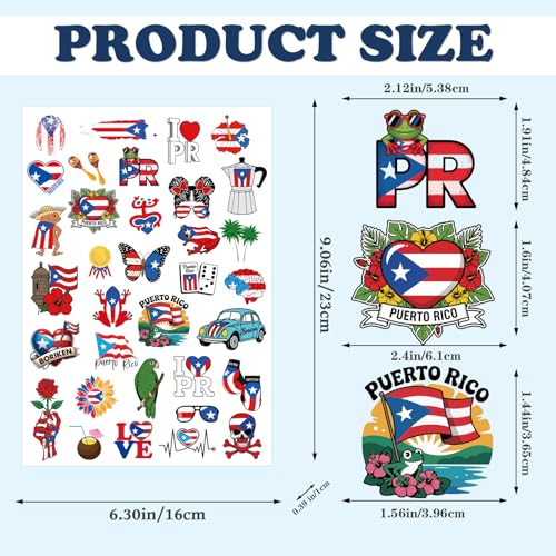 Puerto Rico Temporary Tattoos, 8 Sheets 200+ PR Rican Flag Fake Tattoo Stickers, Puerto Rico Party Decorations for Patriotic Anniversary Veterans National Day Festival Decor