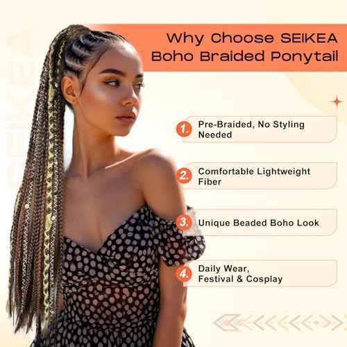 SEIKEA 2PCS Boho Braided Ponytail Extension with Hair Tie, 24" Long Viking Dreadlock Beads Ponytail Hand-braided Braids Hair Extensions Lightweight Natural Synthetic Hairpiece for Festival Cosplay