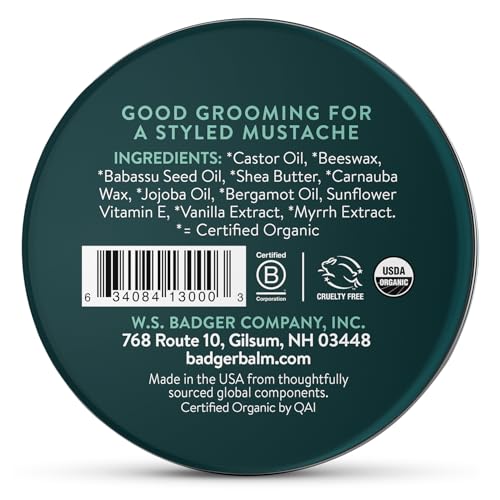 Badger Mustache Wax, Medium Hold, Light Masculine Scent, Easy to Apply, Certified Organic Versatile Moustache & Beard Wax, .75 oz Tin