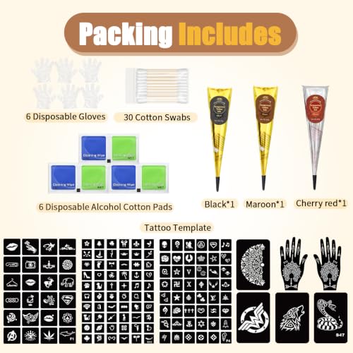 Temporary Tattoo Kit 146pcs with Stencils & 3 Ink Colors