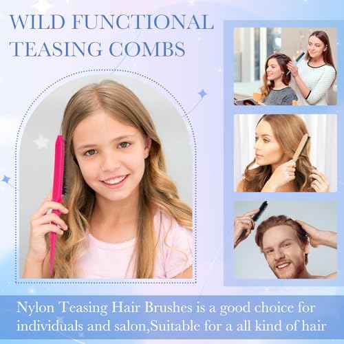 Yaomiao 6 Pcs Teasing Brush for Fine Hair Nylon Rat Tail Brush Set Women Three Row Salon Teasing Set for Back Combing, Root Hair Scalp Massage(Black, Blue, Rose Red, Yellow)