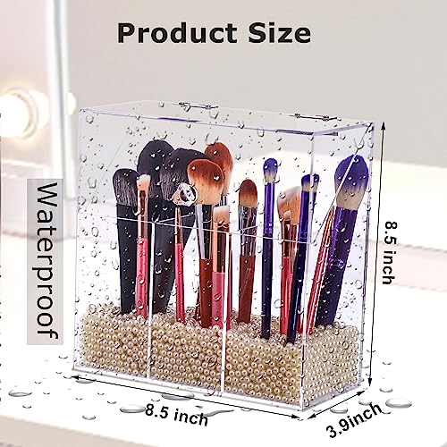 Acrylic Makeup Brush Holder with Lid - Clear Cosmetic Makeup Brush Organizer and Storage Box with Cover for Vanity - Large Capacity 3-Slots Container for Brushes (Clear)
