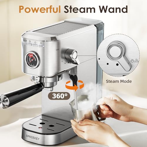 Spacekey Silver Espresso Machine with Milk Frother, 20 Bar Compact Coffee Maker for Home, 39oz Removable Water Tank