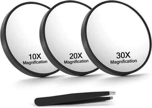 20X/30X/40X Magnifying Mirror with Suction Cups and Tweezers Set, 3.5 inches Travel Magnified Makeup Mirror, Black, 3PCS