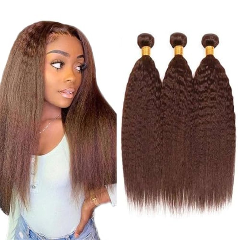 #4 Brown Kinky Straight Hair Bundles 20 22 24 Inch